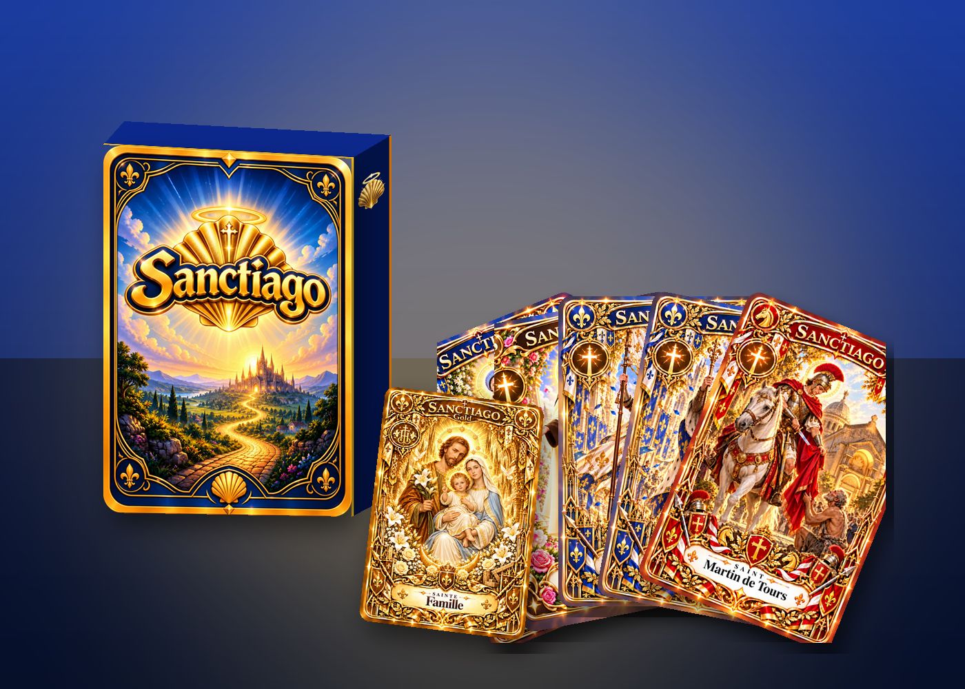 Maquette : un paquet de cartes Sanctiago, un éventail de cartes de saints et la carte Gold de la Sainte Famille.